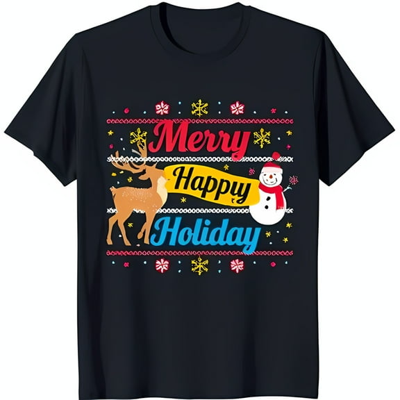 Colorful Christmas Black T-Shirt with Reindeer Snowman & 'Merry Happy Holiday' Design