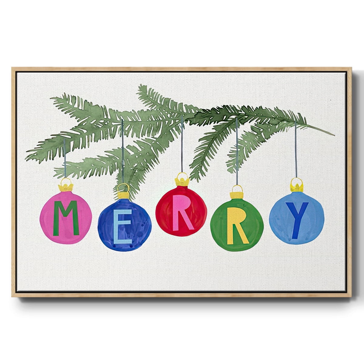Colorful Christmas Collection A - Framed Gallery Wrapped Holiday Canvas - 25 x 37 - Natural Wood Frame
