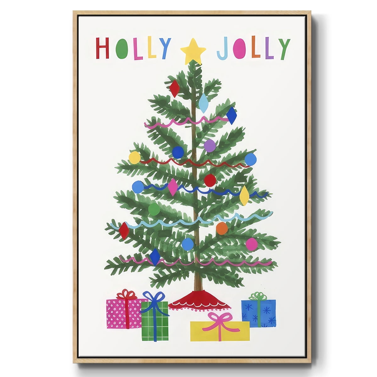 Colorful Christmas Collection B - Framed Gallery Wrapped Holiday Canvas - 17 x 25 - Natural Wood Frame