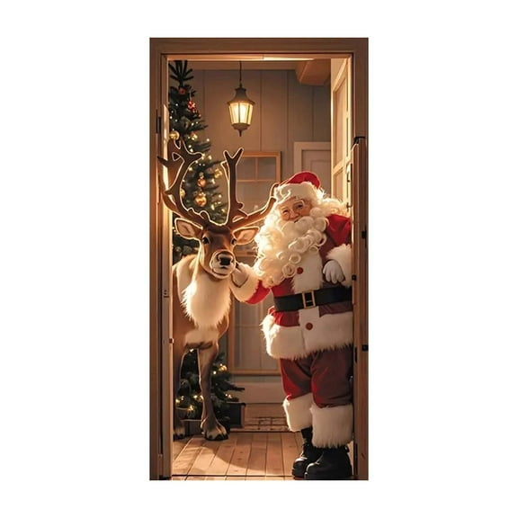 Colorful Christmas Door Curtain Polyester Fabric, Holiday Print For Home Entrance Decor Seasonal, Decorative Panel To Transform Your Doorway For Festivities