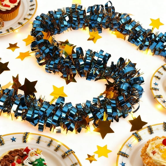 Colorful Christmas Garland with Red Yellow Blue Tinsel, Sparkling Decorative Ribbon for Stair Railings and Windows, Festive DIY Accent for Gift Wrapping and Seasonal Celebrations(Blue）