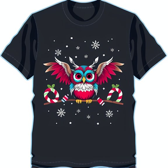 Colorful Christmas Owl Graphic Black T-Shirt with Candy Canes & Snowflakes