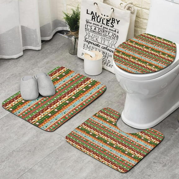 Colorful Christmas Striped Pattern Bathroom Rugs Sets 3 Piece,Toilet Cover Set,Absorbent Non Slip Bathroom Mats Sets with U-Shaped Contour Rug Toilet Rug Set