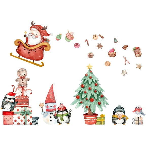 Colorful Christmas Theme Wall Decals Penguin Gifts Wall Arts Christmas Tree Wall Decor Cartoon Christmas Wall Sticker Decoration for Christmas Winter Party Decoration Colorful