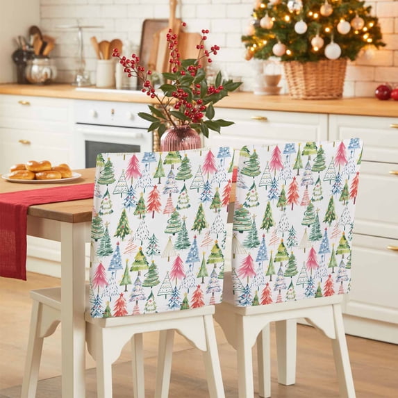 Colorful Christmas Tree Chair Covers Set of 8 Abstract Painting Pine Tree Forest Chair Back Covers Stretch Removable Washable Slipcovers Protector for Dining Room Kitchen Party Decor