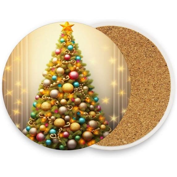 Colorful Christmas Tree Coasters Absorbent Moisture Non-Slip Drink Coaster Ceramic Stone with Cork Base Desktop Protection, 2PCS