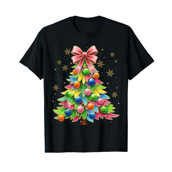 Colorful Christmas Tree Coquette Bow Ornaments Girl Women T-Shirt,Women's short-sleeved T-shirt to celebrate the coming of Christmas