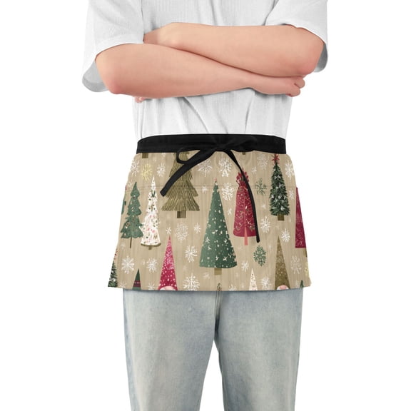 Colorful Christmas Tree Cute Gnomes Short Server Apron with 3 Pockets for Unisex Chef Gardening