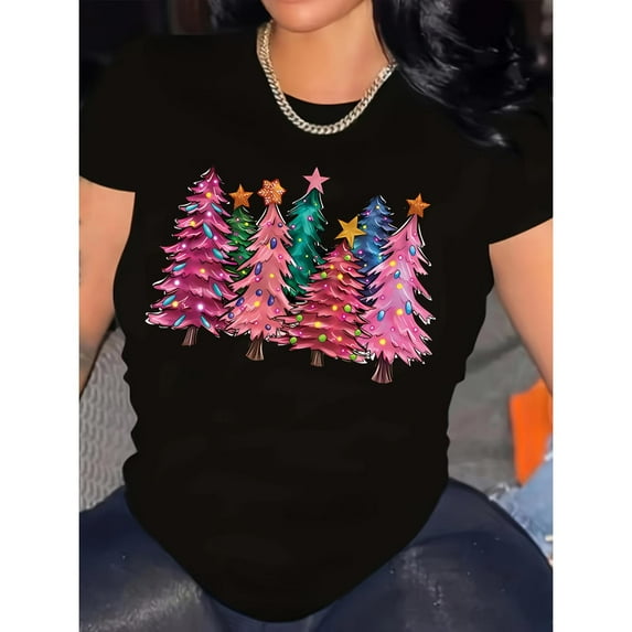 Colorful Christmas Tree Graphic Tees for Women，Pattern printing，Interesting design，Crew neck，Classic，cotton,black,S-5XL