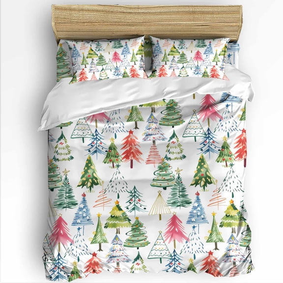 Colorful Christmas Tree King Size Comforter Set, Abstract Painting Pine Tree Forest Soft Bedding for All Seasons, 4 Pcs Bed Set with 1Comforter (90"x106") ,1 Sheet(94"x116"), 2 Pillowcases (19"x35")