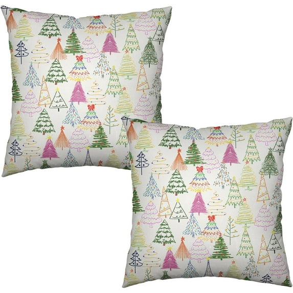Colorful Christmas Tree Pillow Covers 16x16 Watercolor Pink Green Pine Trees Outdoor Pillow Cases Set of 2 Farmhouse Xmas Pillowcases Winter Holiday Decor for Home Couch Sofa