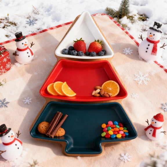 Colorful Christmas Tree Plate Chip & Dip Sets, Ceramic Snack Plate with Bamboo Tray, Removable Porcelain Christmas Tree Appetizer Dessert Fruit Salad Saucers Bowl Cutlery Platter Serving Dish