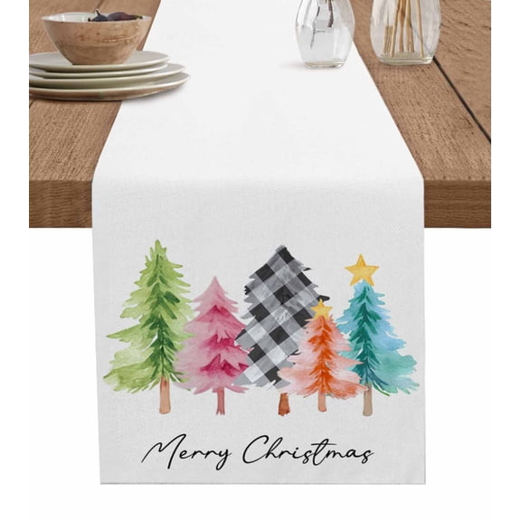 Colorful Christmas Tree Table Runner 36 Inches, Buffalo Plaid Xmas Trees Bed Runner Dresser Scarves Tabletop for Indoor Outdoor Parties/Ceremony/Banquet, 13"x 36"