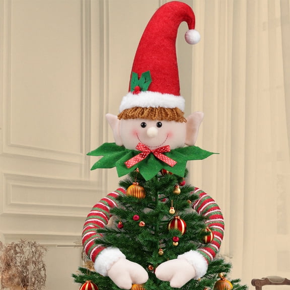 Colorful Christmas Tree Topper with Santa Claus Elves Snowman Design for Holiday Window and Tree Decorations