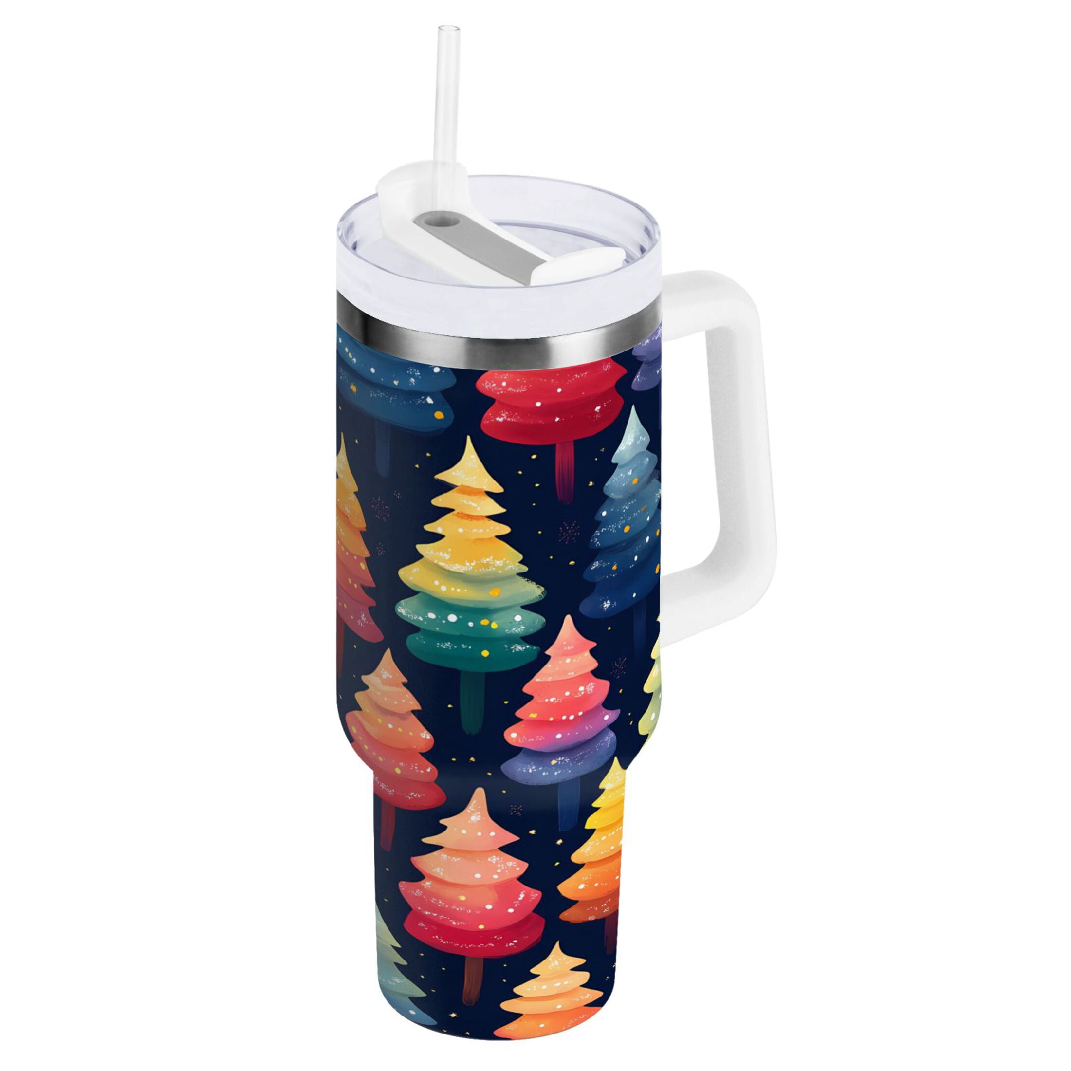 Colorful Christmas Tree Tumbler with Handle and Straw Lid 40 oz Insulated Vacuum Water Bottle Stainless Steel Travel Cup