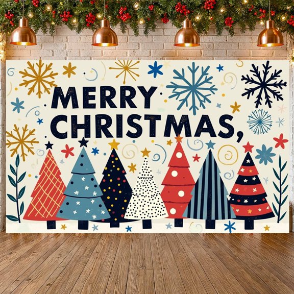 Colorful Christmas Trees Christmas Banner Snowflake Pattern Merry Christmas Display Star Decorations Striped Design Xmas Backdrop for Christmas Party Holiday Decoration Indoor Celebration