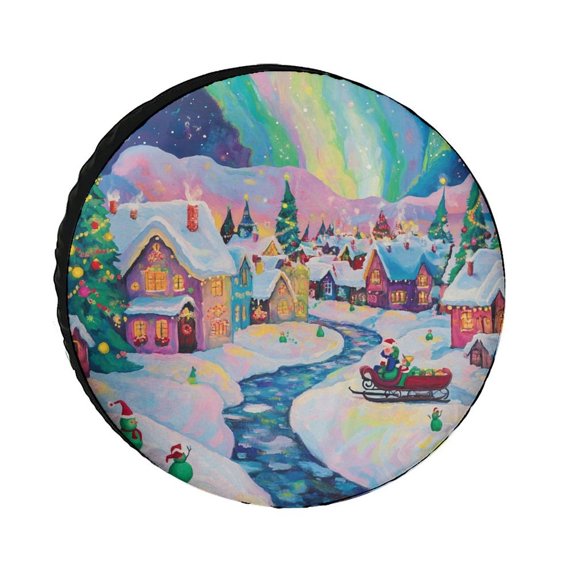 Colorful Christmas Village Camper Spare Tire Cover Winter Snowy Village Wheel Protectors Tire Covers Weatherproof Wheel Covers Universal Fit for Trailers SUV Truck Camper Travel 12inch