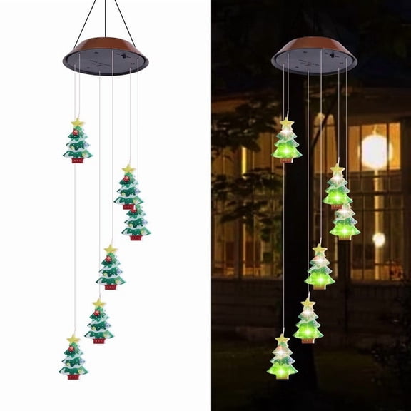 Colorful Christmas Wind ChimesChristmas Tree Solar Wind Mobile Chimes Lights Hanging Wind Bell Light Night Hanging lamp for Patio Garden Lighting Home