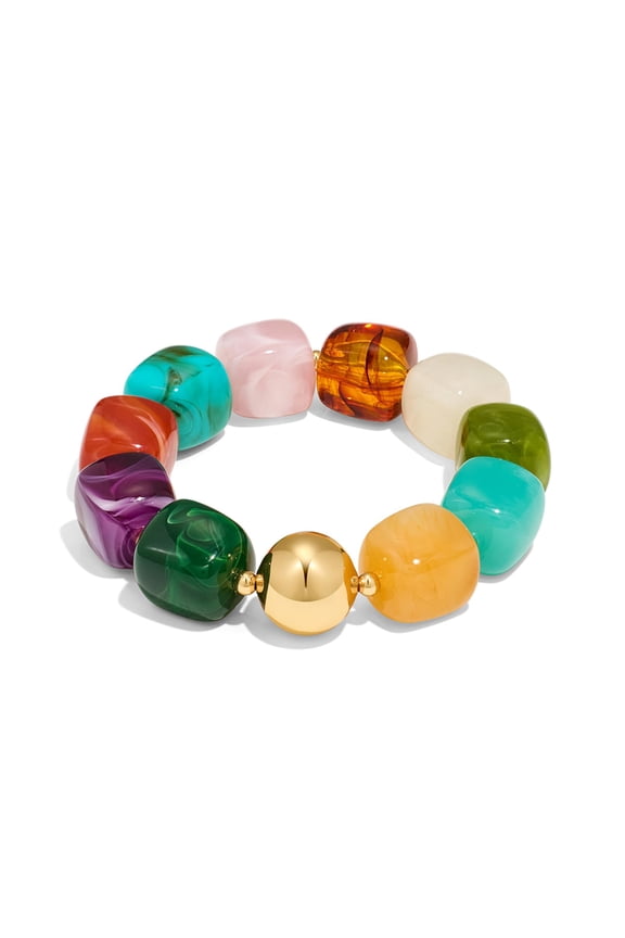 Colorful Chunky Bracelet for Women - Multicolor Resin Stretch Jewelry with Gold Bead, Modern Gift