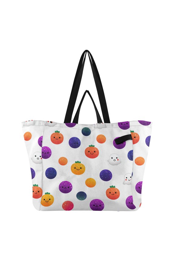 Colorful Circle Specters Halloween Cute Pumpkin Foldable Canvas Tote Bags Reusable Grocery Bags Laundry Bags Beach Bag 32L