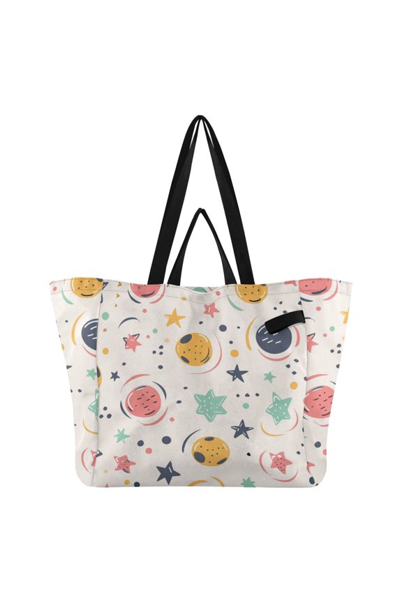 Colorful Circle Stars Dots Foldable Canvas Tote Bags Reusable Grocery Bags Laundry Bags Beach Bag 32L