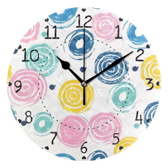 Colorful Circles Swirl Round Wall Clock Silent Analog Battery Operated Black Pointer Home Decor 9.84" Diameter