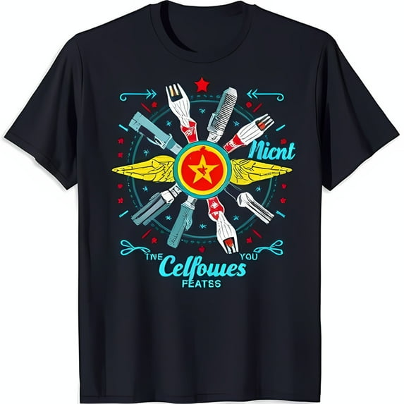 Colorful Circular Design Black T-Shirt with Star Fork & Phone