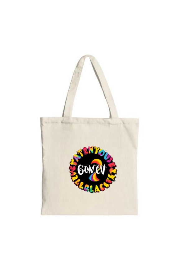 Colorful Circular Design Tote Bag with ' GOVER ' in Center Rainbow Ring on Black Fabric - Perfect for Shopping Travel & Parties