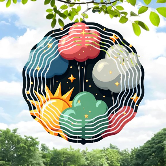Colorful Circular Metal Wind Spinner with Sun Clouds and Stars Design - Whimsical Yard and Garden Decor for Relaxing Ambiance