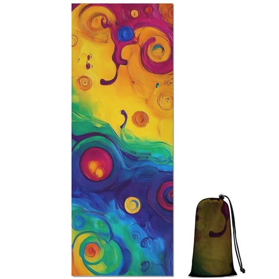 Colorful Circular Pattern Hot Yoga Mat Towel Non Slip for Hot Yoga - Quick-Drying Yoga Mat Cover with 4 Corner Pockets with Travel Bag - Hot Yoga Towel Non Slip Grip Moisture Wicking Sweat 70"x26"