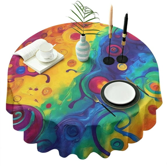 Colorful Circular Pattern Round Tablecloth 60"x60",Wrinkle Wipeable Table Cloth for Kitchen Dining Room Picnic Patio Party