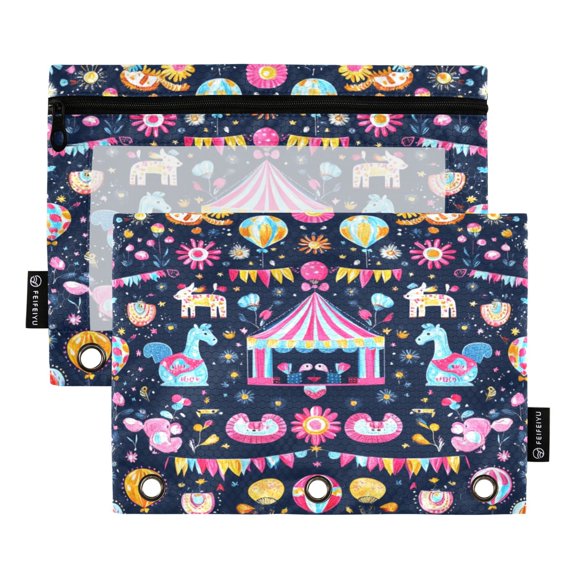 Colorful Circus Motif 3 Ring Binder Pencil Pouch 2 Pack Clear Window Zipper Stationery Pouch for School Office