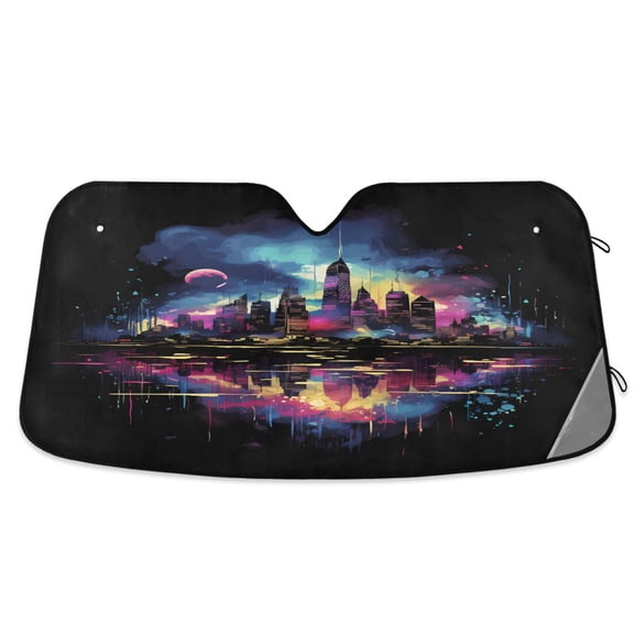 Colorful City Building and Moon Car Windshield Sun Shade Foldable Car Front Window Visor Heat and UV Protection 55x27.6