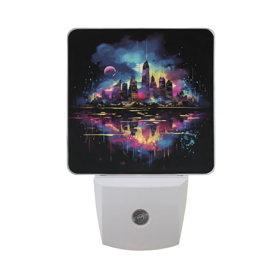 Colorful City Building and Moon Night Light 2 Pack LED Nightlight Plug into Wall Dusk to Dawn Sensor Soft White