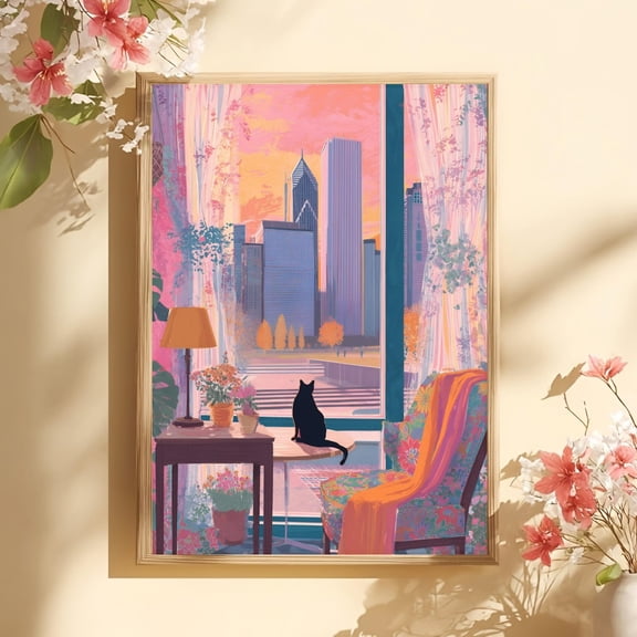 Colorful City Cat Wall Art, Modern Cozy Apartment View Print with Urban Sunset Scene, Poster Only