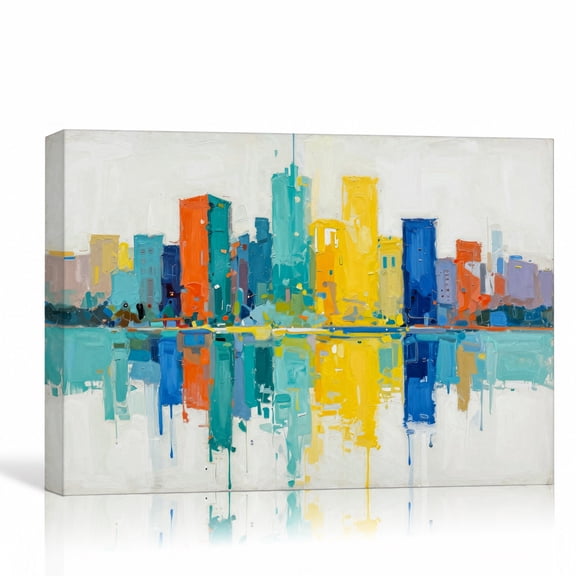 Colorful City Skyline Wall Art Abstract Cityscape Canvas Print Gallery Wrapped Canvas Office Decor 24"L x 16"W
