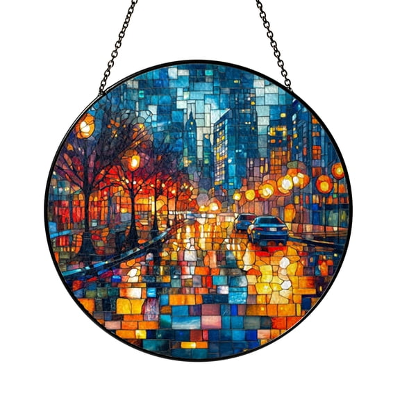 Colorful City Street Stained Glass Suncatcher Window Hanging Decor, Round Urban Skyline and Lamp Post Glass Art Panel, Decorative Nighttime Scene Window Ornament for Living Room