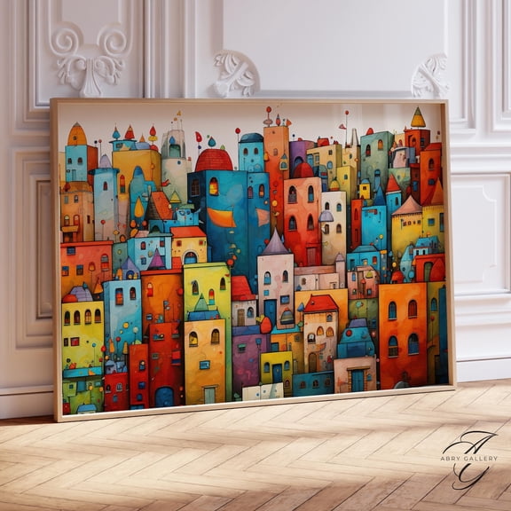 Colorful Cityscape Art Poster: Modern Fantasy Buildings, Unframed Canvas Size 16x24