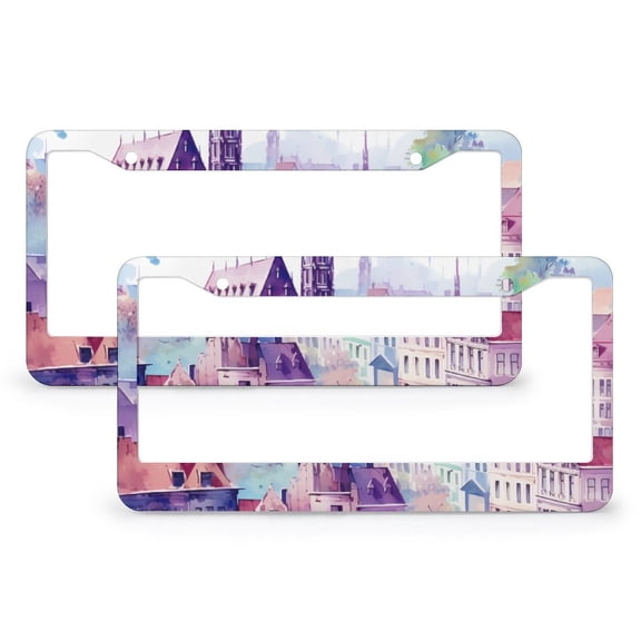 Colorful Cityscapes Brussels License Plate Frames 2 PCS City Building License Plate Frame License Plate Shield Frame for Women Men US Vehicles Standard 2 Holes Aluminum Metal License Plate Cover