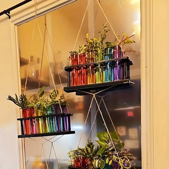 Multi-Tiered Hanging Glass Planter Set, Black Plant Stand indoor with Colorful Clear Test Tube Holders, Hanging Propagation Station for indoor Herb Garden and Window Herb Garden