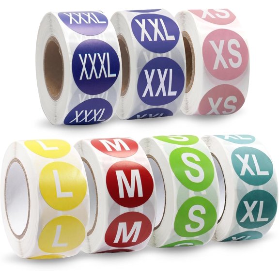 Colorful Clothing Size Stickers, Self Adhesive 1Inch Round