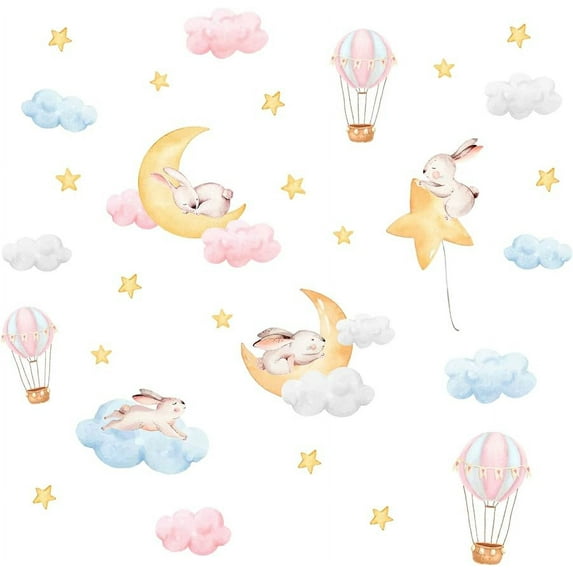Colorful Cloud Rabbit Wall Sticker Moon and Star Wall Decor Hot Air Balloon Wall Decals Vinyl Wall Art Decal for for Baby Room Bedroom Living Room Nursery Kindergarten Decorations