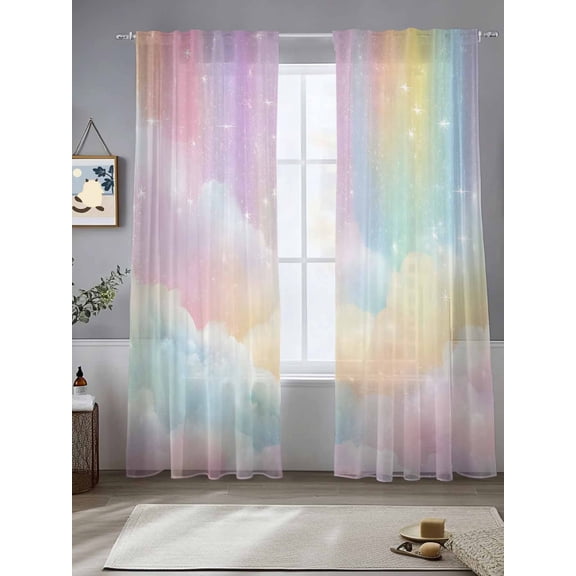 Colorful Cloud Rainbow Chiffon Sheer Curtains 84 Inches Long Dreamy Cloud Sky Star Rod Pocket Window Curtains Voile Drapes Curtains for Living Room Bedroom,2 Panels
