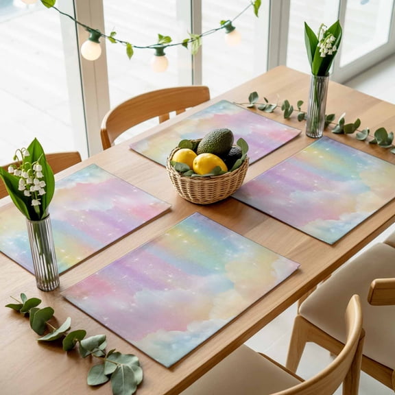 Colorful Cloud Rainbow Placemats Set of 4,Wipeable Washable Table Mats for Dining Tables, Dreamy Cloud Sky Star Place Mats for Kitchen Event Party Tabletop Decor