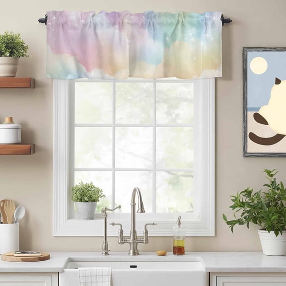 Colorful Cloud Rainbow Valances for Windows,Kitchen Valance Rod Pocket Short Curtain, Dreamy Cloud Sky Star Valance Curtain Window Valances for Bedroom Bathroom Living Room 54x18in