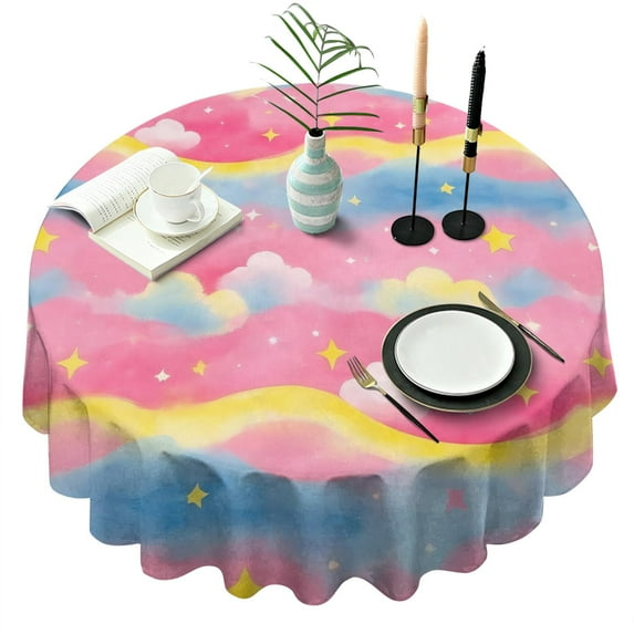 Colorful Cloud Star Pattern Round Tablecloth 60"x60",Wrinkle Wipeable Table Cloth for Kitchen Dining Room Picnic Patio Party