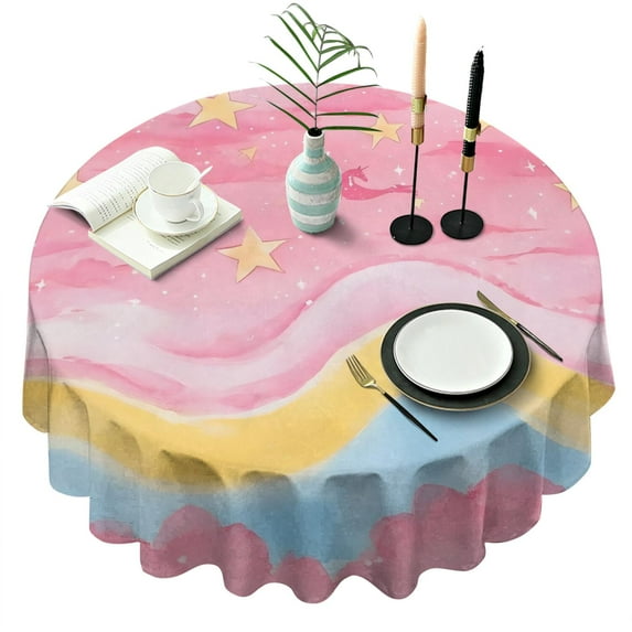 Colorful Cloud Star Pattern Round Tablecloth 60"x60",Wrinkle Wipeable Table Cloth for Kitchen Dining Room Picnic Patio Party