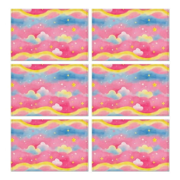 Colorful Cloud Star Pattern Summer Placemats Table Placemats Set Of 6-Linen Kitchen Washable Placemats Table Mats 11.8"x17.7" Non-Slip Heat Resistant