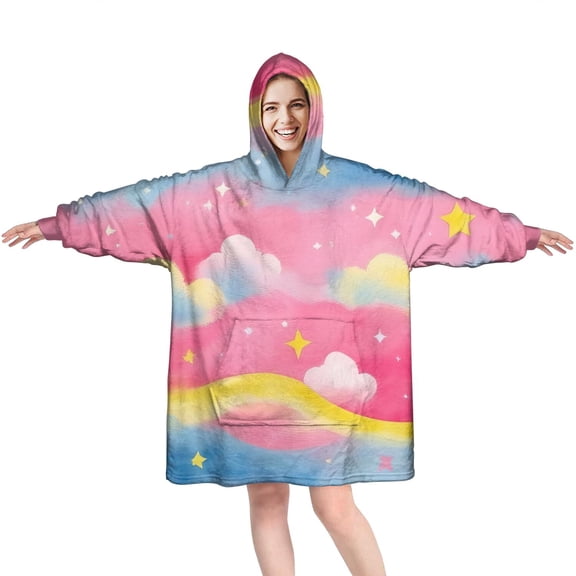 Colorful Cloud Star Pattern Wearable Oversized Blanket,Wearable Blanket Hoodie for Adults,Cozy Hooded Blankets with Super Pockets,Super Warm Fuzzy Pullover for Women & Men
