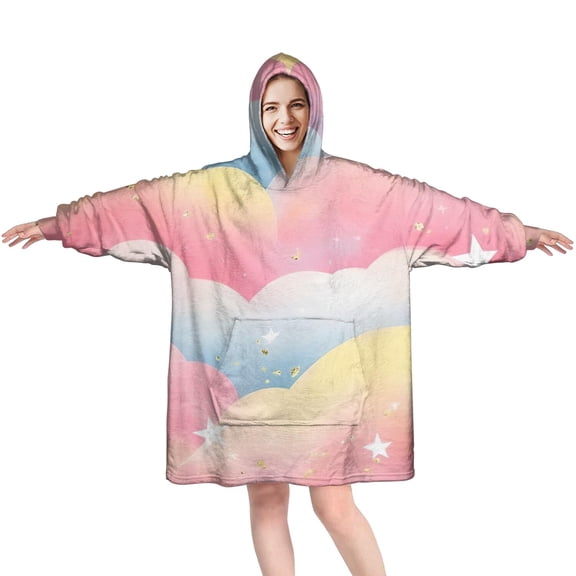 Colorful Cloud Star Pattern Wearable Oversized Blanket,Wearable Blanket Hoodie for Adults,Cozy Hooded Blankets with Super Pockets,Super Warm Fuzzy Pullover for Women & Men